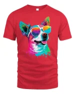Colorful Cool Dog Graphic T Shirt Vibrant Sunglasses Art Style - red t-shirt on white background