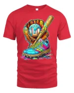 Colorful Baseball Street Art Graphic T Shirt Urban Sport Style - red t-shirt on white background