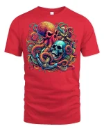 Nautical Octopus Skull Graphic T Shirt Bold Ocean Horror Art - red t-shirt on white background