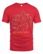 Bite In The Abyss Deep Sea Fish Graphic T Shirt Dark Ocean Art - red t-shirt on white background