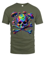 Psychedelic Skull Mushroom Graphic T Shirt Trippy Neon Art Style - military green t-shirt on white background