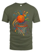 Color Splash Basketball Graphic T Shirt Dynamic Street Art Style - military green t-shirt on white background