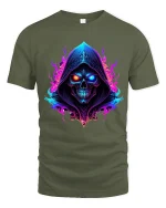 Neon Hooded Skull Graphic T Shirt Dark Fantasy Glow Art - military green t-shirt on white background