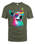 Colorful Cool Dog Graphic T Shirt Vibrant Sunglasses Art Style - military green t-shirt on white background