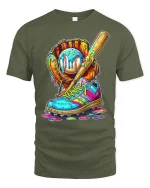 Colorful Baseball Street Art Graphic T Shirt Urban Sport Style - military green t-shirt on white background