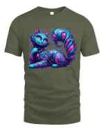 Mystic Galaxy Cat Graphic T Shirt Cosmic Fantasy Neon Art - military green t-shirt on white background