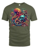 Nautical Octopus Skull Graphic T Shirt Bold Ocean Horror Art - military green t-shirt on white background