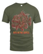 Bite In The Abyss Deep Sea Fish Graphic T Shirt Dark Ocean Art - military green t-shirt on white background