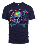 Psychedelic Skull Mushroom Graphic T Shirt Trippy Neon Art Style - navy t-shirt on white background