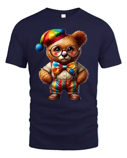 Cute Clown Bear Graphic T Shirt Funny Colorful Circus Style - navy t-shirt on white background
