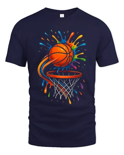 Color Splash Basketball Graphic T Shirt Dynamic Street Art Style - navy t-shirt on white background