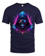 Neon Hooded Skull Graphic T Shirt Dark Fantasy Glow Art - navy t-shirt on white background
