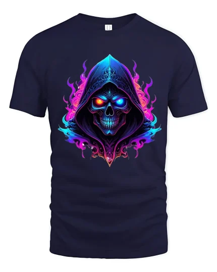 Neon Hooded Skull Graphic T Shirt Dark Fantasy Glow Art - navy t-shirt on white background