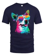 Colorful Cool Dog Graphic T Shirt Vibrant Sunglasses Art Style - navy t-shirt on white background