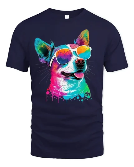 Colorful Cool Dog Graphic T Shirt Vibrant Sunglasses Art Style - navy t-shirt on white background