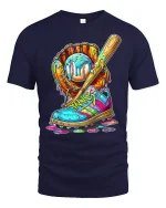 Colorful Baseball Street Art Graphic T Shirt Urban Sport Style - navy t-shirt on white background