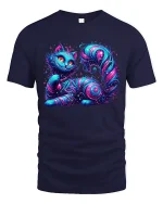 Mystic Galaxy Cat Graphic T Shirt Cosmic Fantasy Neon Art - navy t-shirt on white background