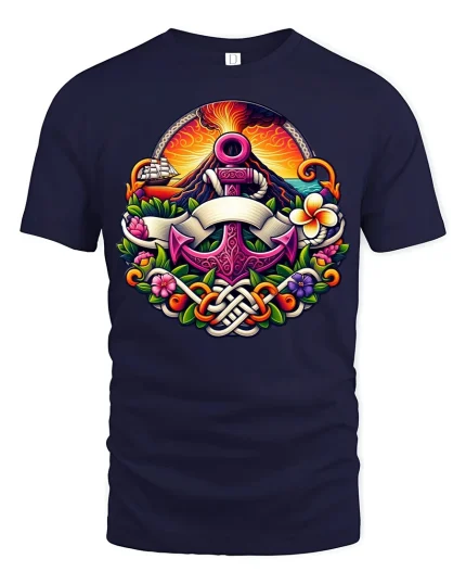 Nautical Anchor Volcano Graphic T Shirt Ocean Fantasy Art - navy t-shirt on white background