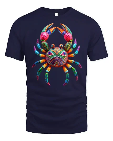 Colorful Tribal Crab Graphic T Shirt Vibrant Ocean Art Style - navy t-shirt on white background