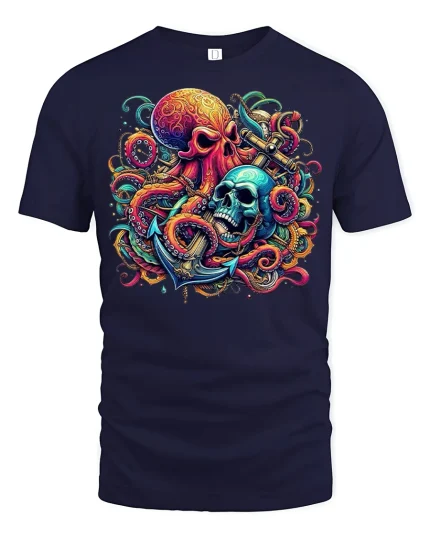 Nautical Octopus Skull Graphic T Shirt Bold Ocean Horror Art - navy t-shirt on white background