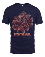 Bite In The Abyss Deep Sea Fish Graphic T Shirt Dark Ocean Art - navy t-shirt on white background