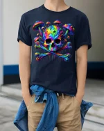 Psychedelic Skull Mushroom Graphic T Shirt Trippy Neon Art Style - model wearing navy tee with hands in pockets