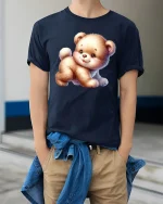 Cute Fluffy Teddy Bear Graphic T Shirt Adorable Soft Style - model wearing navy tee with hands in pockets