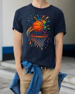 Color Splash Basketball Graphic T Shirt Dynamic Street Art Style - model wearing navy tee with hands in pockets