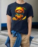 Cute Mango Bear Graphic T Shirt Sweet Fruit Art Illustration - model wearing navy tee with hands in pockets
