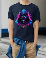 Neon Hooded Skull Graphic T Shirt Dark Fantasy Glow Art - model wearing navy tee with hands in pockets