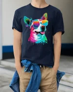 Colorful Cool Dog Graphic T Shirt Vibrant Sunglasses Art Style - model wearing navy tee with hands in pockets