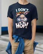 I Dont Give A Hop Bunny Graphic T Shirt Funny Attitude Design - model wearing navy tee with hands in pockets