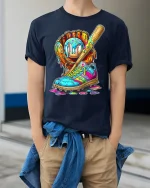 Colorful Baseball Street Art Graphic T Shirt Urban Sport Style - model wearing navy tee with hands in pockets