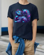 Mystic Galaxy Cat Graphic T Shirt Cosmic Fantasy Neon Art - model wearing navy tee with hands in pockets