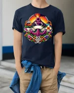 Nautical Anchor Volcano Graphic T Shirt Ocean Fantasy Art - model wearing navy tee with hands in pockets