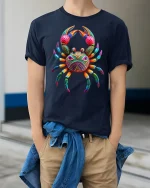 Colorful Tribal Crab Graphic T Shirt Vibrant Ocean Art Style - model wearing navy tee with hands in pockets