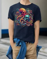 Nautical Octopus Skull Graphic T Shirt Bold Ocean Horror Art - model wearing navy tee with hands in pockets