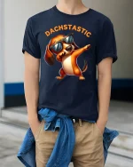 Dachstastic Dabbing Dachshund Graphic T Shirt Funny Dog Style - model wearing navy tee with hands in pockets