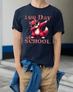 100 Day of School Funny Fox Graphic T Shirt Cool Dabbing Style - model wearing navy tee with hands in pockets