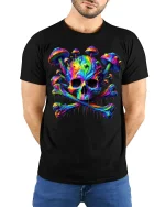 Psychedelic Skull Mushroom Graphic T Shirt Trippy Neon Art Style - model wearing black tee with hands behind back