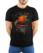 Color Splash Basketball Graphic T Shirt Dynamic Street Art Style - model wearing black tee with hands behind back