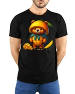 Cute Mango Bear Graphic T Shirt Sweet Fruit Art Illustration - model wearing black tee with hands behind back