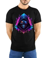 Neon Hooded Skull Graphic T Shirt Dark Fantasy Glow Art - model wearing black tee with hands behind back