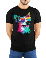 Colorful Cool Dog Graphic T Shirt Vibrant Sunglasses Art Style - model wearing black tee with hands behind back