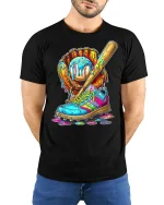 Colorful Baseball Street Art Graphic T Shirt Urban Sport Style - model wearing black tee with hands behind back