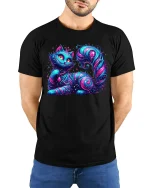 Mystic Galaxy Cat Graphic T Shirt Cosmic Fantasy Neon Art - model wearing black tee with hands behind back