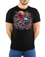 Nautical Octopus Skull Graphic T Shirt Bold Ocean Horror Art - model wearing black tee with hands behind back