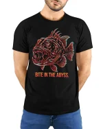 Bite In The Abyss Deep Sea Fish Graphic T Shirt Dark Ocean Art - model wearing black tee with hands behind back