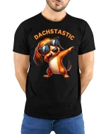 Dachstastic Dabbing Dachshund Graphic T Shirt Funny Dog Style - model wearing black tee with hands behind back