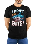 I Dont Give A Bite Shark Graphic T Shirt Funny Attitude Art - model wearing black tee with hands behind back